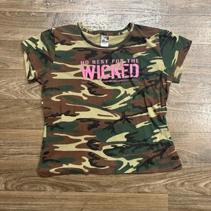 Y2K / Vintage Women's Camouflage No Rest for the Wicked Graphic T Shirt Large - Picture 1 of 7