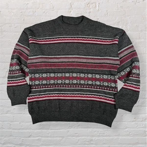 Vintage Strick Pullover Fair Isle Style Grau Rot Muster UK Medium Retro Style - Bild 1 von 6