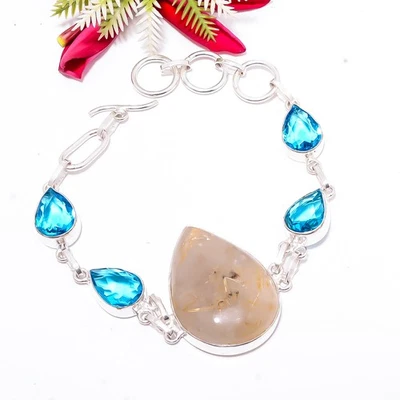 Brazalete de plata de ley 925 con topacio azul y cuarzo rutilado dorado 7,99" Foto 1 de 3