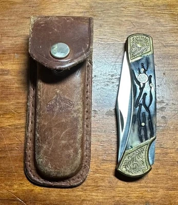 Vintage Frost Cutlery German Stainless Lock Blade Folding Knife w/Leather Sheath - Image 1 of 4
