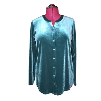 Land's End Teal/Aqua Dark Greenish Feels Like Velvet Button Up Cardigan Size Med - Image 1 of 4