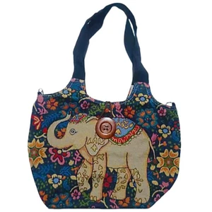 Large Capacity Elephant Embroidery Handbag Elegant Canvas Tote Bag Shopping - Picture 1 of 15