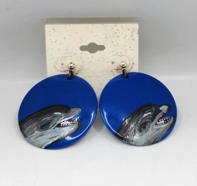 Handpainted One of a kind Original Dolphin earrings Blue Pierced Dangle  - Image 1 of 4