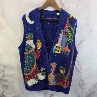 Ugly Christmas Sweater Vest Womens 2X Men Large Wise Men Sheep Lamb 90s Vtg  - Image 1 of 4