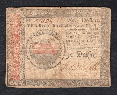 JANUARY 14, 1779 $50 FIFTY DOLLARS CONTINENTAL CURRENCY NOTE - Image 1 of 2