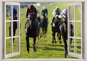 Horse Racing 3D Effect Window View Beautiful Sticker Wall Poster Vinyl 200 - Foto 1 di 1