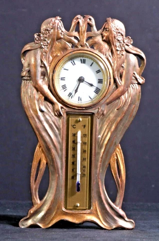 Spectacular Art Nouveau c1890 Double Maiden Figural Desk Clock & Thermometer Cover