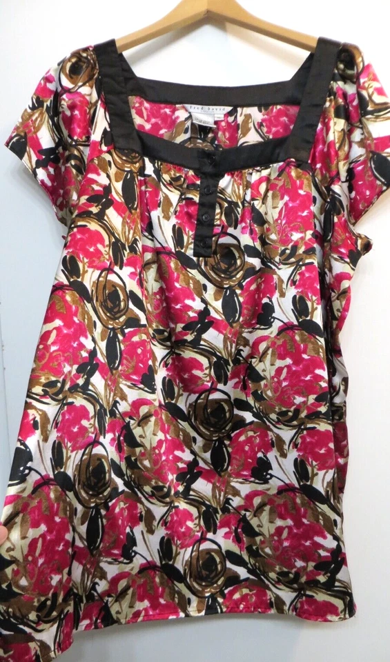 Fred David Shirt Womens XL Pink Black Multicolor Modern Art Floral Tunic Top - Image 1 of 4