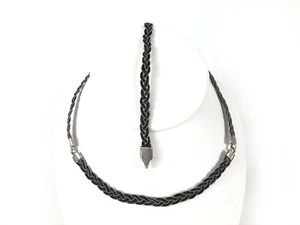 Sterling Silver Braided w Black Wire Necklace Bracelet Set Pre-Owned Jewelry - Picture 1 of 8