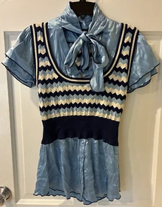 Vintage Bebe Y2K Layered Blouse Knit Vest Scarf Bow Tie Silk Preppy Grunge M - Picture 1 of 15