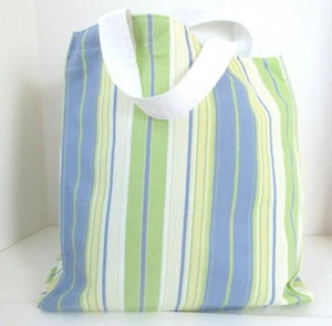 Canvas Tote Bag Market Shopping Book Bag Bold Blue Green Stripes Large Purse L - Picture 1 of 6
