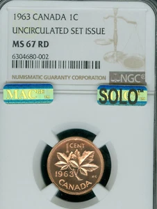 1963 CANADA CENT NGC MS67 RD PQ MAC SOLO FINEST GRADED & SPOTLESS * - Picture 1 of 4