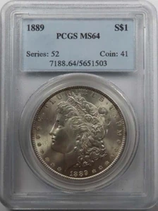 :1889-P SILVER MORGAN DOLLAR BRIGHT BLAST WHITE PCGS NEAR GEM MS64 HIGH GRADES - Picture 1 of 4