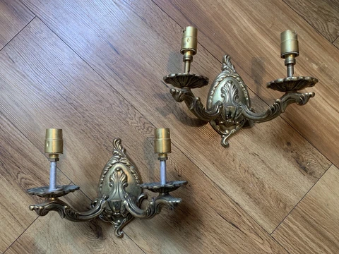 PAIR VINTAGE QUALITY HEAVY BRASS ROCOCO STYLE DOUBLE LAMP SCONCE LIGHT Cover