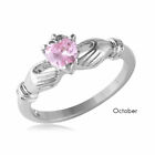 Sterling Silver Claddagh Ring w/ Birthstone Colored Heart Shape CZ Stone
