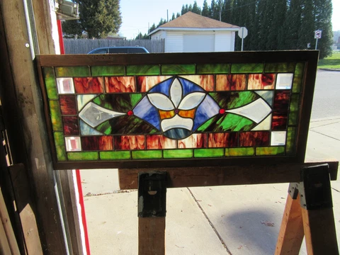 ~ ANTIQUE STAINED AND BEVELED GLASS TRANSOM WINDOW ~ 33.5 x 14.25 ~ SALVAGE Cover