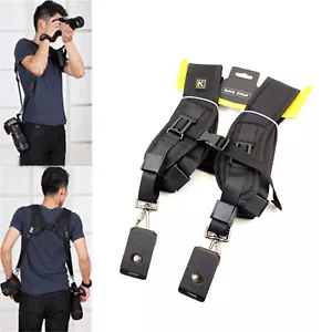 Black Dual Shoulder Quick Release Belt Sling Strap For 2 DSLR Camera Canon Nikon - Picture 1 of 12