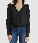 $395 Lini Womens Black V-Neck Puff Long-Sleeve Jacquard Wrap Blouse Top Size Xs