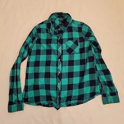 Lands’ End Boys’ Large 14 16 Plaid Long Sleeve Button Down Shirt Green Blue  - Image 1 of 4