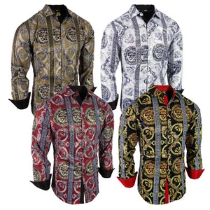 Mens Shirt Italian Floral Lion Print Gold Stripe Overlay Stretch Slim Fit Button - Picture 1 of 9