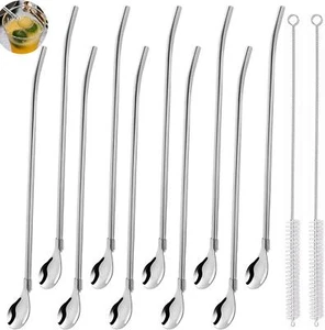 10er Set Edelstahl Trinkhalm Löffel mit Reinigungsbürste - Bild 1 von 8