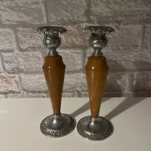 Vintage Kerzenleuchter Paar Teak und Silber Teller Mcm Made In England 8" hoch - Bild 1 von 8