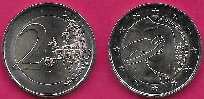 法国 2 欧元 2017 年 UNC 1 年类型,粉红色丝带 25 周年,SYMBO OF — 第 1/1 张图片