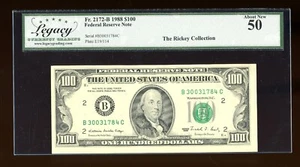 DBR 1988 $100 FRN New York Fr. 2172-B Legacy AU-50 Serial B30031784C - Picture 1 of 2