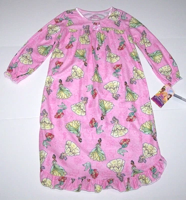 Disney Princess Flannel Granny Nightgown Pajamas Ariel Belle Tiana Pink New Girl - Image 1 of 4