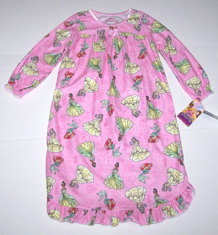 Disney Princess Flannel Granny Nightgown Pajamas Ariel Belle Tiana Pink New Girl - Image 1 of 4