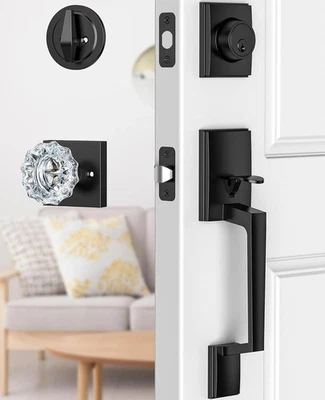 Black Front Door Handle and Deadbolt Set Lock with Crystal Glass Knob Entry - Image 1 of 3