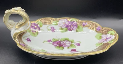Prato de porcelana antigo Nippon pintado à mão, floral roxo com dourado elegante - Imagem 1 de 4