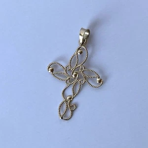 Solid 10k Yellow Gold Dainty Filigree Cross Pendant - Picture 1 of 5