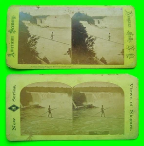 DOS ca 1880s NIAGARA FALLS DAREDEVIL CUERDA APRETADA CAMINANTES Belleni PEER Pre-Muerte - Imagen 1 de 7