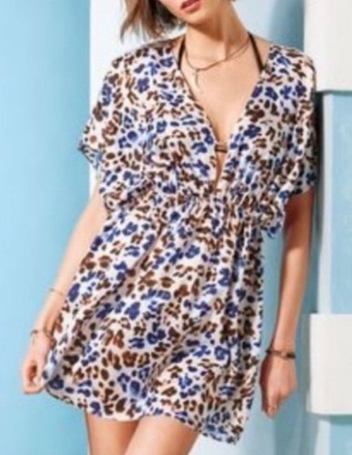 UNDERCOVER Abito copricostume Victoria's Secret S costume da bagno bikini blu marrone stampa leopardata 100% seta