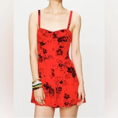 Free People Candy Pin-Up Red Floral Romper 2 S Red Dark Romantic Whimsygoth - Image 1 of 4