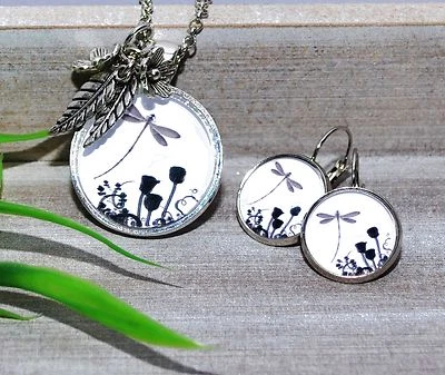 DRAGONFLY +++ Set Kette Anhänger Ohrstecker Brisur Ohrhänger Ohrringe Libelle  - Bild 1 von 4