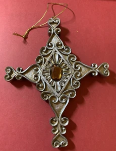 Vintage Baroque style Cross Matte Gold Color Faux Amber Stone Ornament 5" - Picture 1 of 9