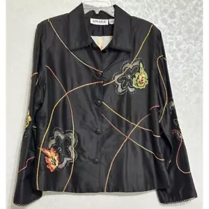 Anage Art To Wear Vintage 90s Embroidered 100% Silk Jacket Black Floral Print XL - Picture 1 of 5