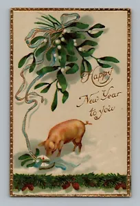 Postal Feliz Año Nuevo A Ti Cerdo Muérdago Gel Abrigo c1910s N28 - Imagen 1 de 2
