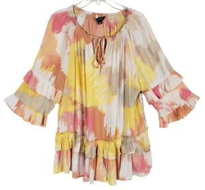 Zac & Rachel Glockenärmel Tunika Damen Medium Lagenlook Rüschen Batik Boho - Bild 1 von 13