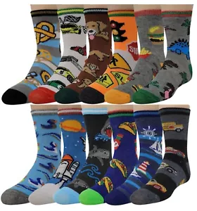12 Pairs Boys Assorted Colorful Novelty Design Crew Socks - Picture 1 of 9