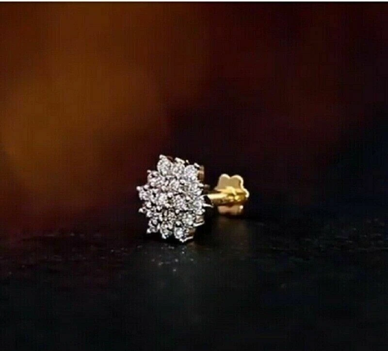 Flower Cluster Natural Diamond Nose Piercing Stud Screw Back Pin 14k Yellow Gold - Image 1 of 4