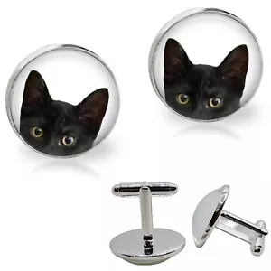 Blickende schwarze Katze Kätzchen Herren Manschettenknöpfe Handarbeit Foto Schmuck Katzenliebhaber Geschenke - Bild 1 von 1