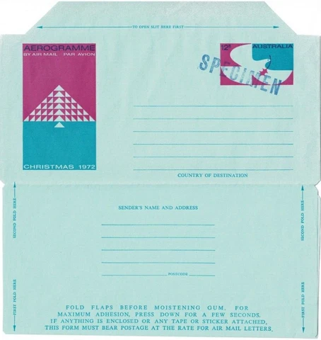 Stamp Australia aerogramme 1972 Christmas 12c issue with SPECIMEN overprint Cover