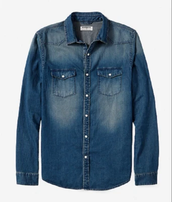 NWT【L】Express Men's Dark Blue Western Denim Shirt - Image 1 of 4