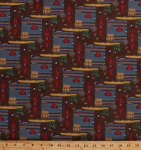 Cotton Camping Gear Kayaks Paddles Lanterns Fabric Print by the Yard D566.73 - Picture 1 of 1