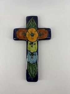 Mexican Talavera Pottery Cross Wall Art Religious Hand painted Floral - Picture 1 of 4