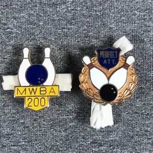 2 pc Lot Bowling Ball Pin Pins Perfect Att NWBA 200 Hat Lapel Pocket Tie Tack - Picture 1 of 9