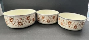 Vintage Retro Kobe Emaille Satzschalen braun Blumen 5 1/2”, 6 1/4” und 7” - Bild 1 von 6